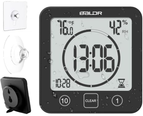 Baldr Shower Clock Waterproof Bathroom Clock with Timer/Temperature/Humidity, Digital Timers for Kids and Adults, Bath Kitchen Study, Black