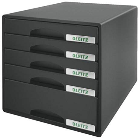 Leitz Schubladenbox mit 5 Schubladen, Für die Aufbewahrung von A4 Dokumenten und Utensilien, Schwarz, Plus Serie, 52110095
