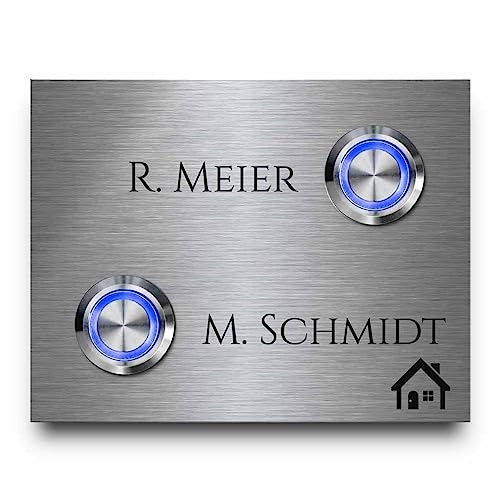 2 Fach Türklingel aus Edelstahl mit Gravur und Namen - Modell Wagner ab 9x7 cm | Klingelplatte mit 2 LED-Klingeltastern | Personalisiert mit Wunschtext und Motiven | Klingel für Mehrfamilienhaus