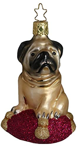 Inge-glas 85107212 Fideler Mops, 9.5 cm, 1 Stück/Box Glasornament, mundgeblasen und handbemalt