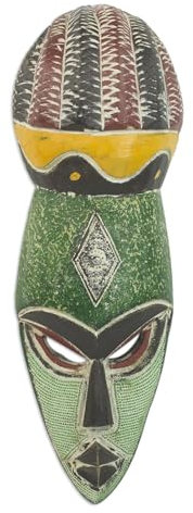 NOVICA Large Handcrafted Painted Green And Yellow Nigerian Rubber Wood African Mask, 'God'S Gift'