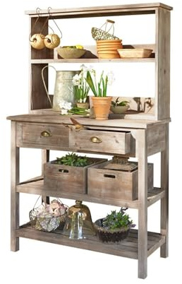 Loberon Pflanztisch Landover aus Tannenholz - Praktischer Gartenarbeitsplatz mit Antik-Lasur, Braun, 158x100x40 cm