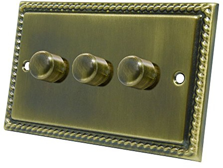 Georgian Antique Brass LED 3 Gang Dimmer 250W - 10 Amp Triple 3-Gang 2 Way 250W LED Light Dimmer Switch