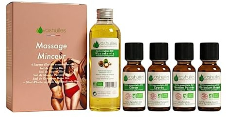 VOSHUILES - Huiles Essentielles Kit Minceur Citron Cyprès Menthe Poivrée Géranium Rosat Macadamia 100% Pure Naturelle BIO Massage 4x5ml 1x50ml HEBBD Ecocert