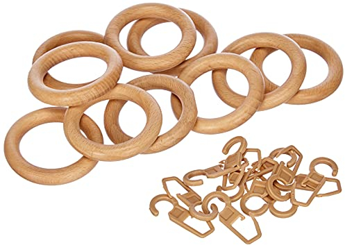 GARDINIA Gardinenringe für Gardinenstangen Ø 28 mm, Mit Gardinenhaken, 10 Stück, Ring-Breite 9 mm, Holz, Natur