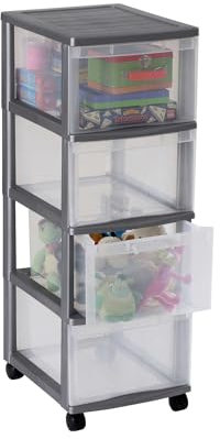 Rotho Rollcontainer OPTIMO Tower, stabiler Schubladencontainer mit 4 Schüben aus Kunststoff, silbernes Gehäuse und transparente Schubladen, ca. 38,5 x 30 x 85,3 cm