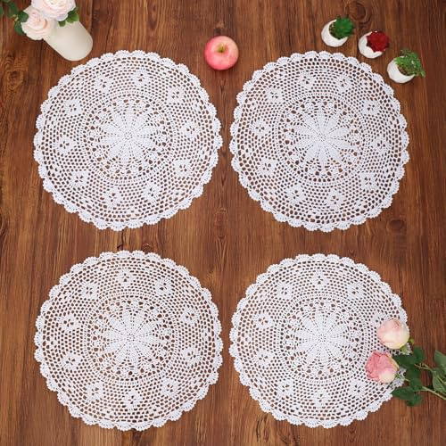 kilofly Crochet Baumwolle Lace Tischsets Deckchen, 4-teilig, Weiß 17 Zoll