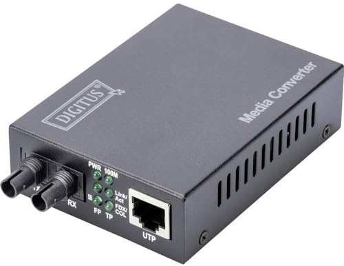 DIGITUS Medienkonverter – RJ45 zu ST Duplex – Multimode – 100 Mbit/s Fast Ethernet – 1310 nm Wellenlänge – Bis 2 km Reichweite– Kupfer auf Glasfaser – Schwarz