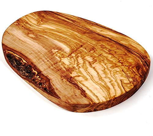 DAS OLIVENHOLZBRETT® Schneidebrett aus Olivenholz/Olivenholzbrett/Servierbrett aus Holz/Frühstücksbrett/Brotzeitbrett/Steakbrett Holz/Naturschnitt - Rinde am Rand möglich 30-34cm lang / 15-17cm breit