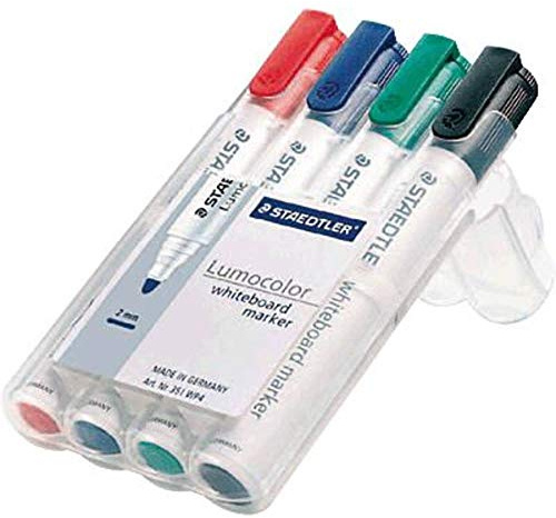 Staedtler 351 WP4 Lumocolor Whiteboard-Marker, 4 Stück in aufstellbarer Box, verschiedene Farben Rundspitze 4er