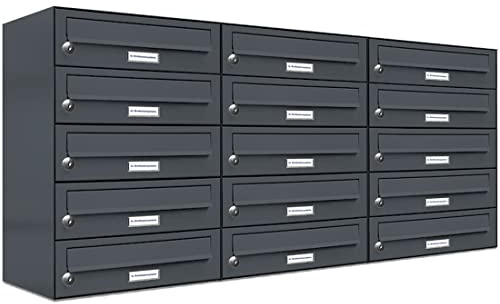 AL Briefkastensysteme 15er Briefkastenanlage Anthrazit Grau RAL 7016, Premium Briefkasten DIN A4, 15 Fach Postkasten modern Aufputz