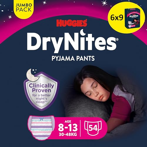Huggies DryNites saugfähige und diskrete Pants bei Bettnässen, Für Mädchen 8-13 Jahre (30-49 kg), 6 x 9 Windeln (54 Stück)