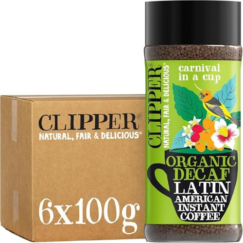 Clipper Latin American Organic Instant Decaf Coffee, 6 x 100g Jars, CO2 Decaffeinated, Fairtrade Arabica
