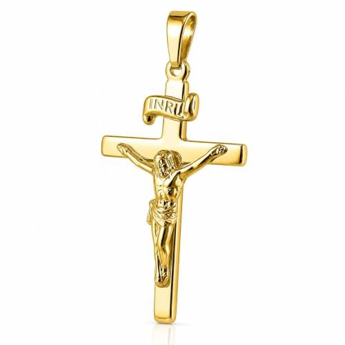 CLEVER SCHMUCK Kreuzkette Anhänger Jesus Kreuz 25 mm INRI flache elegante Form und glänzend 333 GOLD 8 KARAT im Schmucketui