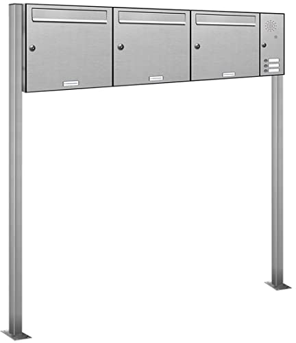 AL Briefkastensysteme 3er V2A Edelstahl Standbriefkasten mit Klingel rostfrei als 3 Fach Briefkastenanlage in Postkasten Briefkasten Design modern