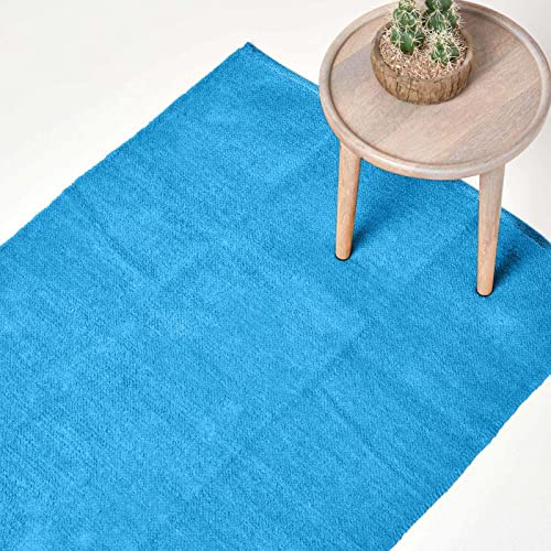Homescapes waschbarer Chenille Teppich/Läufer 110 x 170 cm handgewebt aus 100% Baumwolle, blau