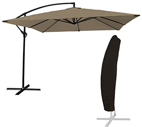 Parasol déporté Molokai carré 2.7x2.7m Taupe avec manivelle. Parasol déporté inclinable, Rabattable et Rotatif avec Housse de Protection.