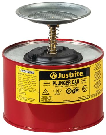 Justrite 10208 Steel Plunger Safety Can with Brass and Ryton Pump Assembly, 2 L Capacity, 7-1/4 OD x 7-3/8 H, Red