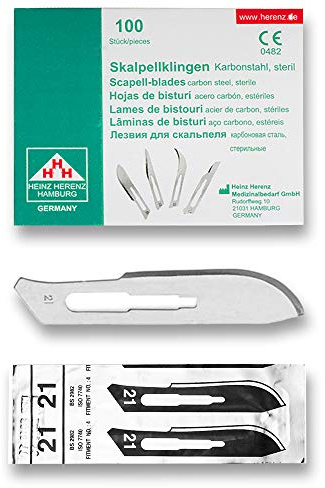 May Skalpellklingen Figur 21 für Halter Nr. 4 Karbonstahl 100 Stk | 100 sterile Karbonstahlklingen der Figur 21 (Heinz Herenz). Inklusive Klingenabzieher, passgenau für Skalpellhalter Nr. 4.