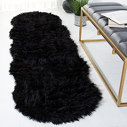 SAFAVIEH Faux Sheep Skin Collection Runner Rug - 2'6 x 8', Black, Silken Glam Design, Non-Shedding & Easy Care, 2.35-inch Thick Ideal for High Traffic Areas in Living Room, Bedroom (FSS115B)
