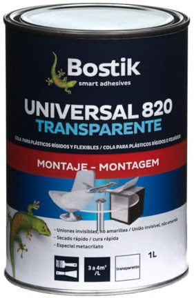 BOSTIK UNIVERSAL 820 Transparente, Adhesivo Universal, Agarre Inmediato y Definitivo, Adhesivo de Contacto Flexible e Invisible, Polivalente, Secado Rápido, Especial Pegado de Plásticos, Bote 1 l