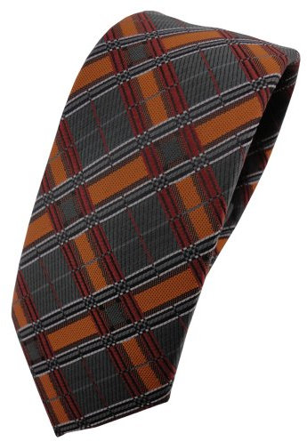 TigerTie - schmale Designer Krawatte in orange dunkelorange anthrazit silber schwarz kariert