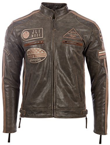 Aviatrix Giacca da Moto da Uomo in Vera Pelle con Colletto Banda e Stemmi Racing (CXUS)