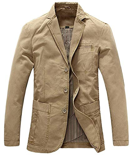 chouyatou Men's Casual Three-Button Stripe Lined Cotton Twill Suit Jacket (Large, Khaki)