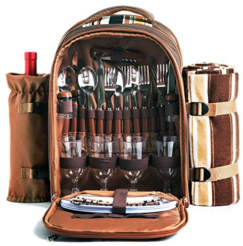 Hap Tim Picknick-Rucksack für 4 Personen mit Kühlfach, abnehmbarem Flaschen-/Weinhalter, Fleece-Decke, Teller und Besteck-Set, perfekt für Outdoor, Sport, Wandern, Camping, Grillen (EU-3065)