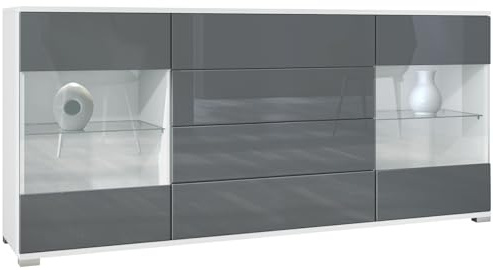 Vladon Sideboard Bari V2, Kommode mit 2 großen Türen und 4 Schubladen, Weiß matt/Grau Hochglanz (166,5 x 75,5 x 35)
