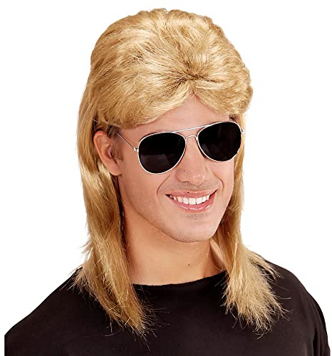 Widmann 01854-80-tals mullet peruk, med glasögon, för karneval och temafester, blond