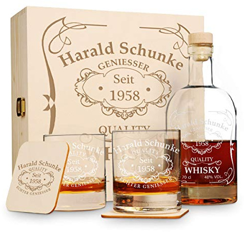 polar-effekt 6 TLG Geschenk-Set in Holzkiste mit Gravur - 2 Whiskygläser, 2 Untersetzer und Whisky-Karaffe in Geschenk-Box - Personalisiert zum Geburtstag - Motiv Quality Whisky