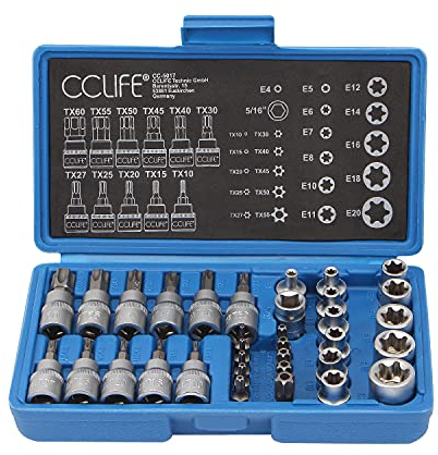 CCLIFE 34tlg Innen Außen Torx Steckschlüssel und S2 Bit Satz Sechskant | E4-E20 Nuss | T10-T60 Torxsatz | Stecknüsse Biteinsätze Steckschlüsseleinsätze