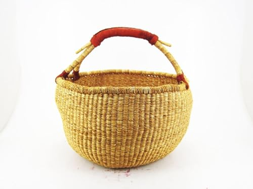 ca. 40cm Bolga Rundkorb Korb Afrika Ghana Einkaufskorb Ledergriff Natur Naturfarbe