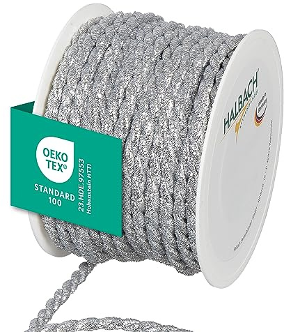 Halbach Lurex-Kordel, 6 mm x 25 m, Silber | Glänzende Kordel, Made in Germany, Öko-Tex 100 zertifiziert, wetterfest, farbecht und waschbar, für DIY und Dekoration