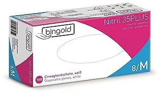 BINGOLD Einmalhandschuhe Nitril 35PLUS, weiß, Größe M, 100 Stück | Puderfreie Einweghandschuhe aus Nitril für Hygiene, Pflege und Labor, weiß, Größe M, 100 Stück pro Spenderbox
