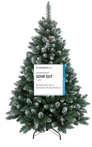 RS Trade 15013 Schneebaum 150 cm Weihnachtsbaum künstlich mit Schnee und Zapfen (Ø ca. 96 cm) ca. 760 Spitzen, schwer entflammbarer Tannenbaum mit Schnellaufbau Klappsystem, inkl. Christbaum Ständer