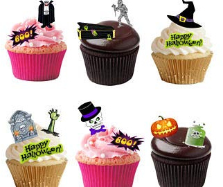 54 Stand Up Mixed Halloween Themed Premium Edible Wafer Paper Cake Toppers Decorations