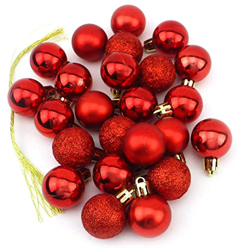 Pequeñas bolas decorativas, mini bolas de Navidad mate, brillantes y con purpurina, 24 unidades 3 cm, plástico, rojo, talla única