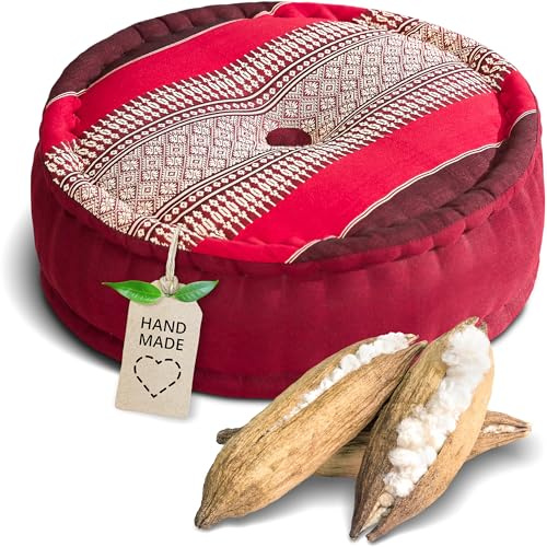 livasia Meditationskissen - Ø 38x15cm - Yogakissen mit Kapokfüllung, Pouf, Bodenkissen rund für Yoga und Zen Meditation, Zafukissen für Garten und Balkon, Sitzkissen handgemacht (Rubinrot)