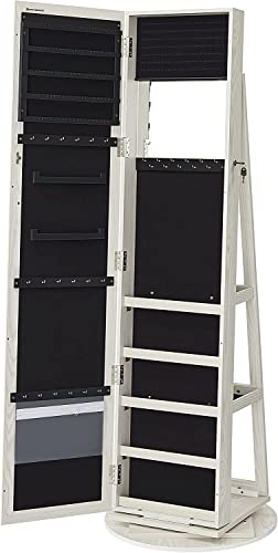 SONGMICS Armoire à Bijoux, Organisateur d’Accessoires, avec Miroir Pleine Longueur, Pivotant à 360°, Étagère de Rangement, Verrouillable avec des Clés, pour Chambre, Blanc Boisé Grisâtre JBC62W