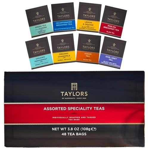 Taylors of Harrogate Assorted Specialty Teas Sampler, Variety Pack Gift Box, Individually Wrapped Bags, 48 Count (Pack of 1), Premium Black, Green & Herbal Teas, Mixed Caffeinated & Caffeine-Free Selection, 48 Teabags