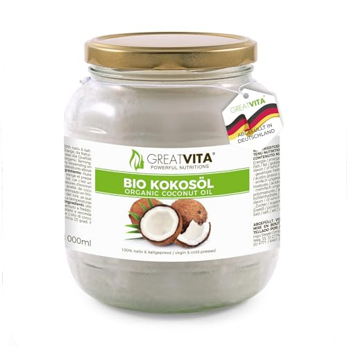 GreatVita Bio Kokosöl, nativ, 1000 ml im Glas zum Kochen Backen Hautpflege Haarpflege