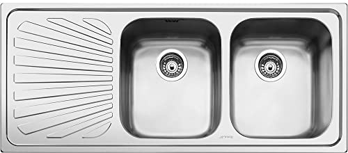 Smeg sp116s évier encastrable en acier inoxydable satiné avec 2 vasques dimensions 116 x 50 cm