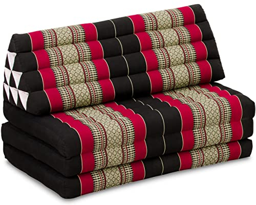 livasia Thaikissen 3 Auflagen für Paare XXL - 190x80x8cm - Dreieckskissen Klappmatratze, extrabreit Kapok, Rückenkissen faltbar, Thaimatte zum Klappen, Meditationskissen (Schwarz/Rot)