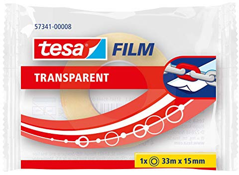 tesa pellicola trasparente, Nastro adesivo resistente al passaggio del tempo e al rotolamento, nastro da ufficio con forte adesivo, 33 m x 15 mm