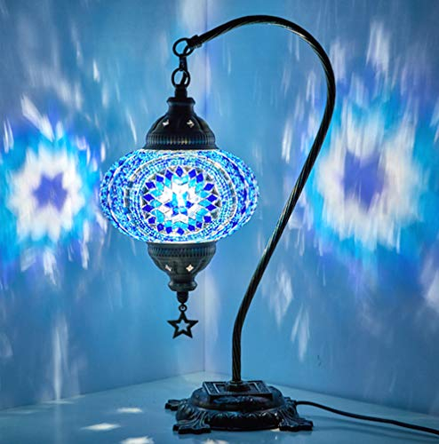 DEMMEX Turkish Moroccan Mosaic Table Lamp for Bedroom, Living Room - Tiffany Style Desk Bedside Lamp, Lampshade, Glass Mosaics & Beads, Decorated Metal Body & Base, Handmade, 12cm Shade, 38cmH