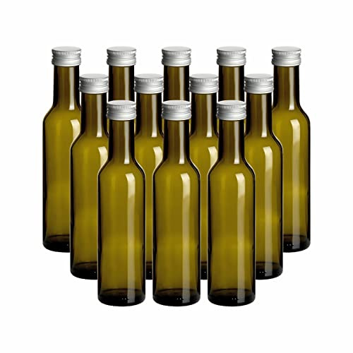 gouveo Juego de 12 botellas de vidrio Caesar Antique de 250 ml con tapón de rosca plateado - Botella vacía de 0,25 l con tapa para licor, aceite, vinagre - Botella de color para rellenar (CAF250S)