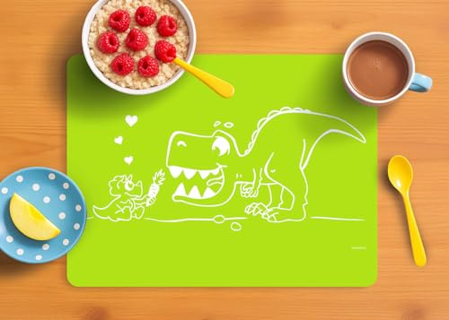 Silikon Tischset, Platzmatte, Platzdeckchen, Kleckermatte für Kinder mit Dinosaurier hellgrün - rutschfest und abwischbar, 40 x 30 cm