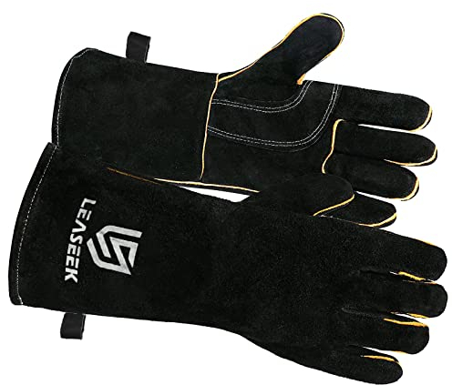 LeaSeek Leather barbecue gloves, Heat/Fire Resistant Forge Welding Gloves,Mitts for Fireplace,BBQ,Welder,Grill,Oven,Stove,Tig,General Utility Work Gloves (14-inch, Black)